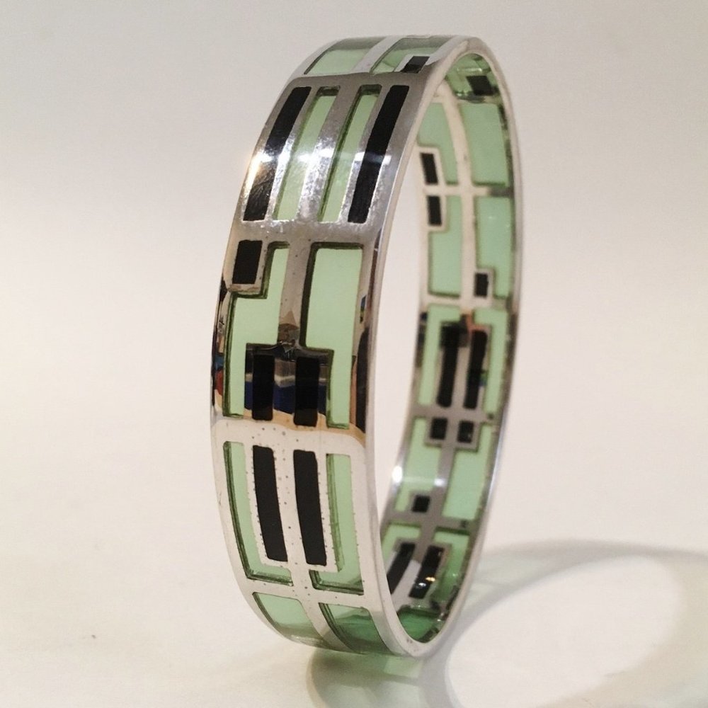 Green Resin Bracelet Sterling Silver Black Art Deco Style Handcrafted Bangle